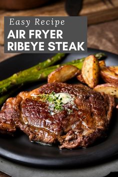 an air fryer ribeye steak on a plate with asparagus