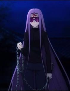 a woman with long purple hair and glasses on her face is holding chains in front of her face