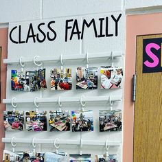 a wall with pictures hanging on it and the words class family spelled out in black