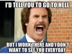 a man with his mouth open in front of a brick wall that says i'd tell you to go to hell but i work there and i don't want to see you everyday