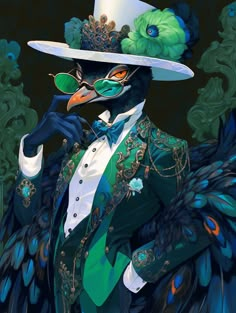 a painting of a black bird wearing a green suit and white hat with feathers on it