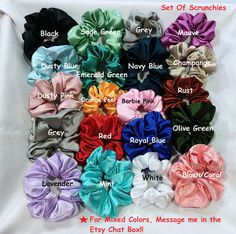 "100% Mulberry Silk Scrunchie Your hair will fall in love with these ultra soft, trendy, versatile mulberry scrunchies! More Than 30 Colors Available of Hair Scrunchies. * Ultra soft * No pulling, no snagging * Promotes healthy hair * Helps reduce breakage * Sturdy elastic * Luxe silk * Chic * For all hair types * One size fits all * Handmade with precision ❤️Kids/Toddler Size Pajama sets Available Please Click on the below link to purchase: https://handmadebyraghav.etsy.com/listing/1616098105 ❤️Long Pants with long sleeves Shirts ❤️Long Pants With Short sleeves shirts also available, click on below link to buy: https://www.etsy.com/listing/1640499588/long-sleeve-pajama-setsatin-long-sleeve Send me text if you face any difficulty while placing order! Please don't forget to check out My Sho Homemade Scrunchies, Wedding Day Gifts, Hair Help, Bridesmaid Proposal Gifts, Hair Scrunchies, Proposal Gifts, Bridal Party Gifts, Pajama Sets, Bridesmaid Proposal