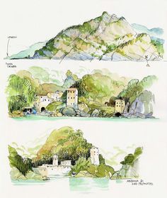 two watercolor paintings of mountains and houses