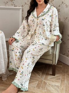 2pls Plus Size Women's Ditsy Floral Collared Cardigan And Pants Pajama Set White Romantic  Long Sleeve Woven Fabric Plants,All Over Print Pant Sets Slight Stretch All,Fall/Winter Women Plus Sleep and Lounge, size features are:Bust: ,Length: ,Sleeve Length: Floral Print Patterned Sleepwear For Loungewear, Spring Floral Print Sleepwear For Home, Floral Print Relaxed Fit Sleepwear, Floral Print Relaxed Fit Long Sleepwear Pants, Floral Print Wide-leg Loungewear Pants, Strapless Backless Bra, Plus Size Pajamas, Collar Cardigan, Pyjama Set