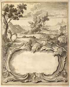 an old drawing of a landscape with trees and animals