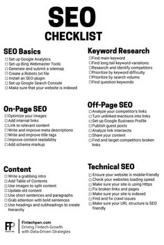 a black and white poster with the words seo checklist written in bold font on it