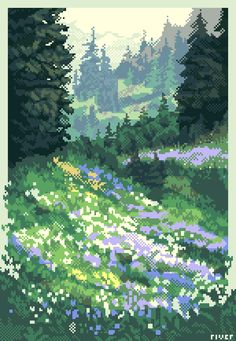 a cross - stitch landscape with trees and flowers in the foreground is an image of bluebells