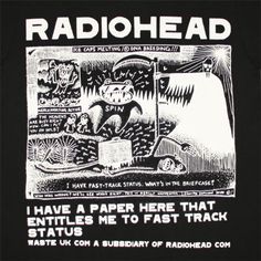 the radiohead t - shirt is black and white with an image of a cartoon character