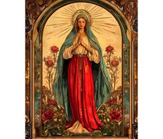 an ornate painting of the virgin mary in red and gold with roses around her shoulders