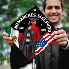 Celebrate your Mexican heritage and academic achievement with our Personalized Mexican Grad Cap Topper. This custom-designed topper pays tribute to Mexican culture, featuring vibrant colors and iconic symbols. Customize it with your name or a special message to make it uniquely yours. Stand out at your graduation ceremony as you proudly display your Mexican pride and accomplishments. This personalized cap topper is the perfect way to honor your roots and showcase your academic success with a tou Si Se Pudo Graduation Cap, Graduation Cap Designs Mexican For Guys, Graduation Cap Designs Men, Men Graduation Cap, Mexican Grad Cap, Decoration For Graduation, Cap Decoration Graduation, Cap For Man, Grad Decor