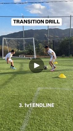 two young men playing soccer on a field with the words transition drill in front of them