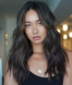 Womens Haircuts Medium Wavy, Dark Rich Chocolate Brown Hair Long Layered, Shag W Curtain Bangs, Long Shag Haircut 2023, Shag Hairstyles Long Curtain Bangs, Haircuts From Long To Medium, Medium Length Long Layers Curtain Bangs, Medium Layered Womens Haircuts, Long Haircuts With Long Bangs