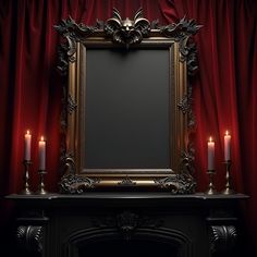 an ornate gold frame with candles in front of a red curtained wall and fireplace