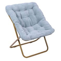 a blue chair with gold legs and a cushion on the backrest is shown in front of a white background