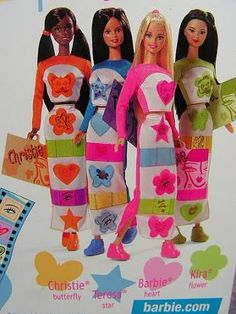 an advertisement for barbie dolls with three models