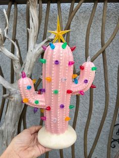 a pink cactus with multicolored spikes on it's head is being held up by a hand