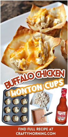 buffalo chicken wonton cups recipe is shown in this advertisement for craftymorning com