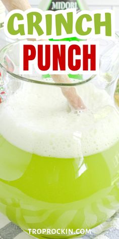 This Grinch Punch is a delicious Christmas party punch with it's bright green color - perfect for your Grinch party. A fruity punch made with pineapple juice, vodka and melon liqueur. Make this Christmas punch for all your holiday parties. Cheers! Christmas drinks | Grinch Christmas Parties | Grinch Cocktail Christmas Party Vodka Drinks, Punch Recipes Alcholic Green, Green Boozy Punch, Non Alcoholic Grinch Drink, Midori Christmas Cocktail, Christmas Grinch Drinks For Adults, Christmas Mix Drinks, Green Holiday Drinks, Grinch Punch With Alcohol