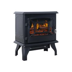 a black stove with flames in it