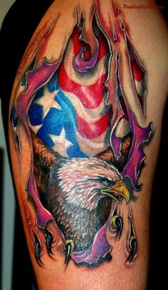 an eagle with the american flag on it's back is shown in this tattoo design