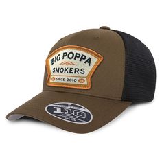 A brown and black trucker-style hat with a beige and orange patch on the front reading 'Big Poppa Smokers' and 'CA Since 2010'. Fall Grilling, Meat Injector, Bob Gibson, Offset Smoker, Side Dish Recipes Easy, Asian Inspired Recipes, Visor Hats, Bbq Recipes, Classic Logo