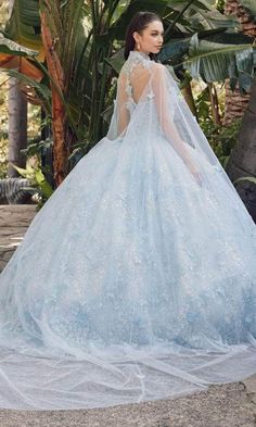 a woman in a blue wedding dress standing on the ground with palm trees behind her