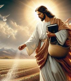 jesus walking through the field with his hands in his pockets and holding a bible, while birds fly overhead