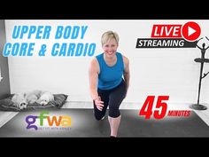 a woman in blue shirt and black leggings doing squat exercises with text overlay reading upper body core & cardio 45 minutes