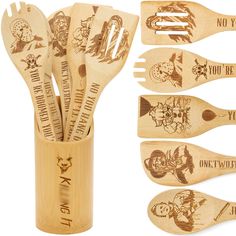 wooden utensils with engraved images in them