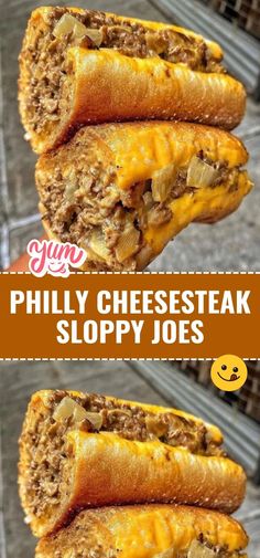 three cheesesteak sloppy joes stacked on top of each other with the text overlay