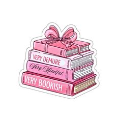 a stack of books with a pink bow on top of it and the words very demure