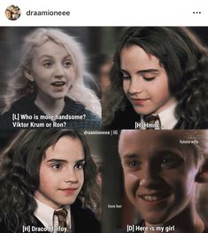 harry potter and hermione's faces with the caption that says, if who is your handsome one?