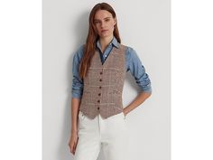 LAUREN Ralph Lauren Plaid Linen-Blend Tweed Vest - Women's Clothing : Brown/Cream Multi : Create a distinctive yet attractive look wearing the LAUREN Ralph Lauren Plaid Linen-Blend Tweed Vest. With a six-button front placket, it has an adjustable buckled belting and vertical yoke at the back to give you a poised appearance. V-neck and sleeveless design. Two chest welt pockets. Two front waist welt pockets. Allover yarn-dyed plaid pattern. 52% linen 48% cotton, Lining: 100% cupro. Dry-clean. Impo How To Wear A Vest Women, Ralph Lauren Womens Clothing, Tweed Waistcoat, Tweed Vest, Plaid Vest, Vest Women, Gerry Weber, Welcome To The World, Womens Plaid