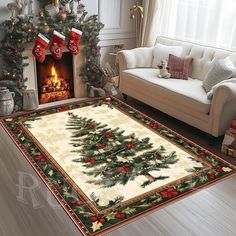 a christmas tree rug in front of a fireplace with stockings and stockings on the mantle