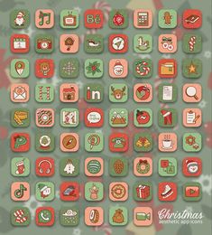 a large set of christmas icons on a green and red background with snowflakes