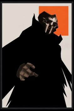 a poster with a man in a black coat holding a knife and wearing a mask