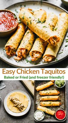 easy chicken taquitass on a plate with dipping sauce and salsa in the background