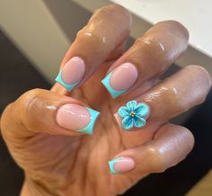 Tiffany Blue Short Nails, Turquoise Nails Black Women, Vibrant Short Nails, Cyan French Tip Nails, Short Aqua Nails, Cyan Acrylic Nails, Terquas Nails, Blue French With Flowers, Short Short Nails Ideas