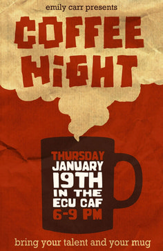 a poster for coffee night with a cup and thought bubble