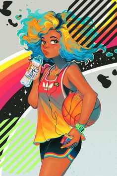 a woman with blue hair holding a basketball ball and water bottle in her right hand