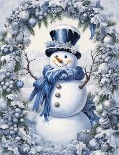 a painting of a snowman in a wreath