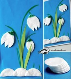 the paper plate is made to look like flowers and grass in the water with white petals