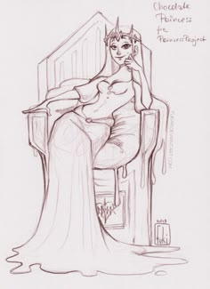 a drawing of a woman sitting in a chair with her hand on her face and wearing a tiara