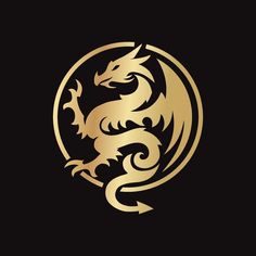 a golden dragon on a black background with the letter s in it's center