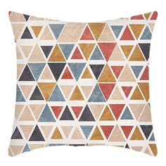 a multicolored pillow with triangles on the front and back, all in different colors