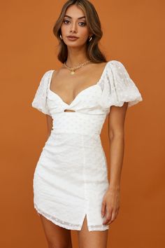 Shop the Molli Sheer Puff Sleeve Twist Feature Dress White | Selfie Leslie White Dress Floral, Selfie Leslie, Balloon Sleeve Dress, Grad Dresses, White Floral Dress, Clothing Tags, Embellished Dress, Faux Wrap Dress, Dress White