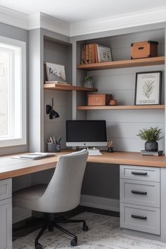 Corner Desk Ideas Small Home Office, Corner Desk Built Into Wall, Bedroom Desk Corner, Teen Boy Corner Desk, Small Office Ideas With Storage, Small Home Office With Bookshelves, Corner Desk Build, Corner Bookshelf And Desk, Office Interior Design Corner Desk