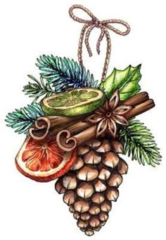 a drawing of some fruit hanging from a rope