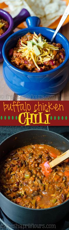 this is an image of a bowl of chili with cheese on top and the words buffalo chicken chili above it