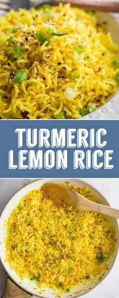 turmeric lemon rice in a white bowl with a wooden spoon next to it